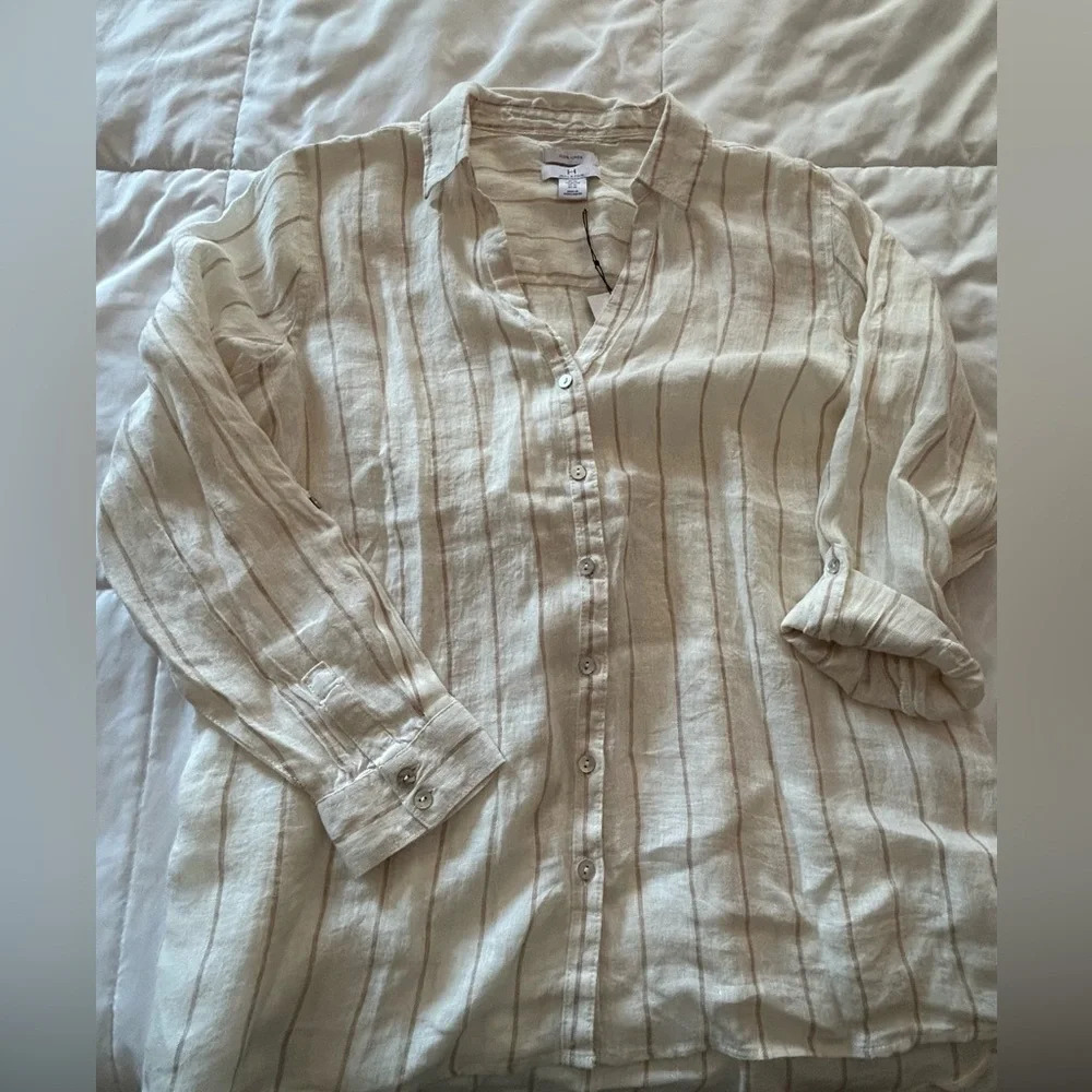 H By Halston Striped Linen Button Down Shirt NWT